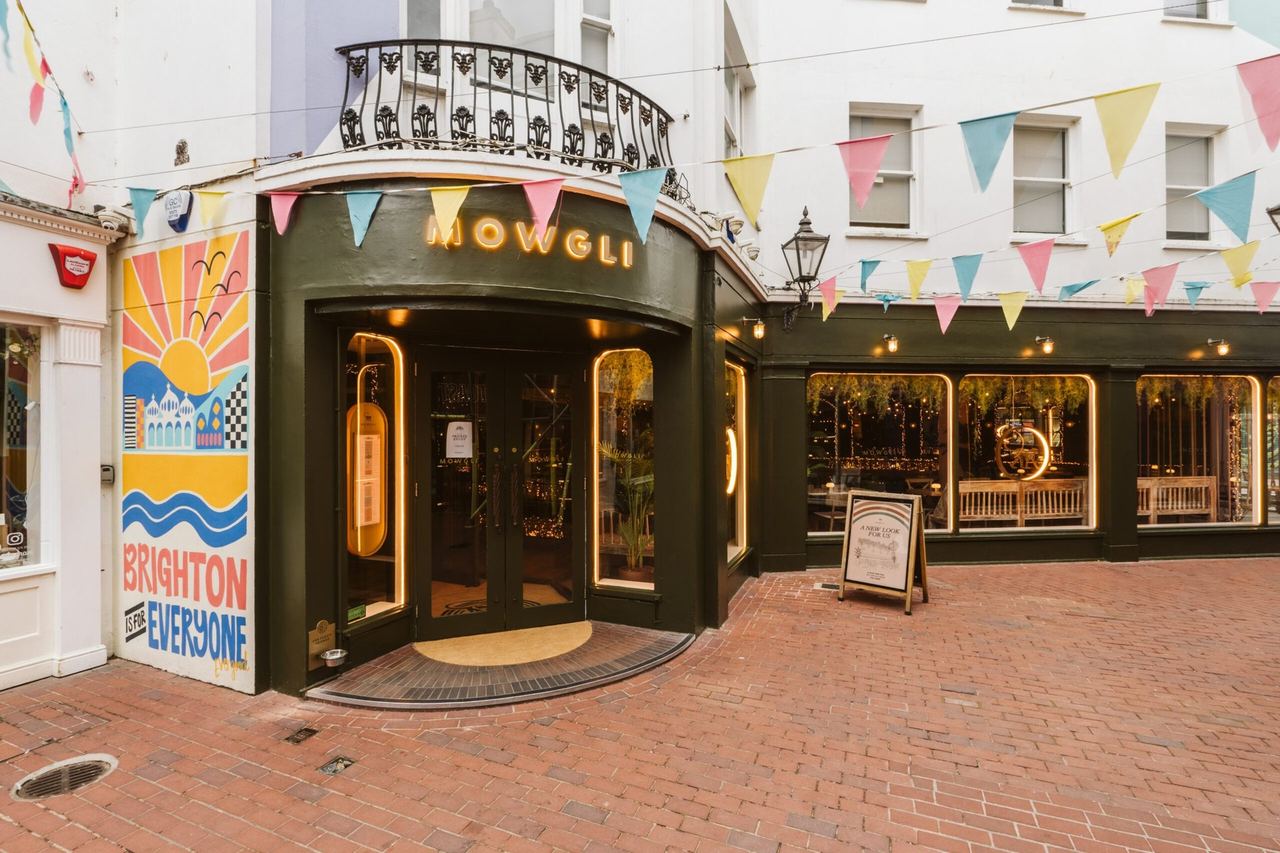Mowgli’s front on Dukes Lane, under pastel bunting