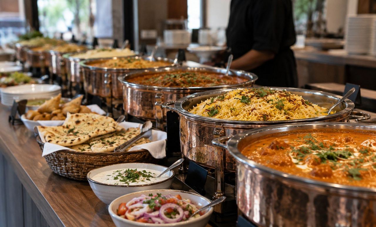 Copper dishes of curry, rice and naan at The Golden Peacock