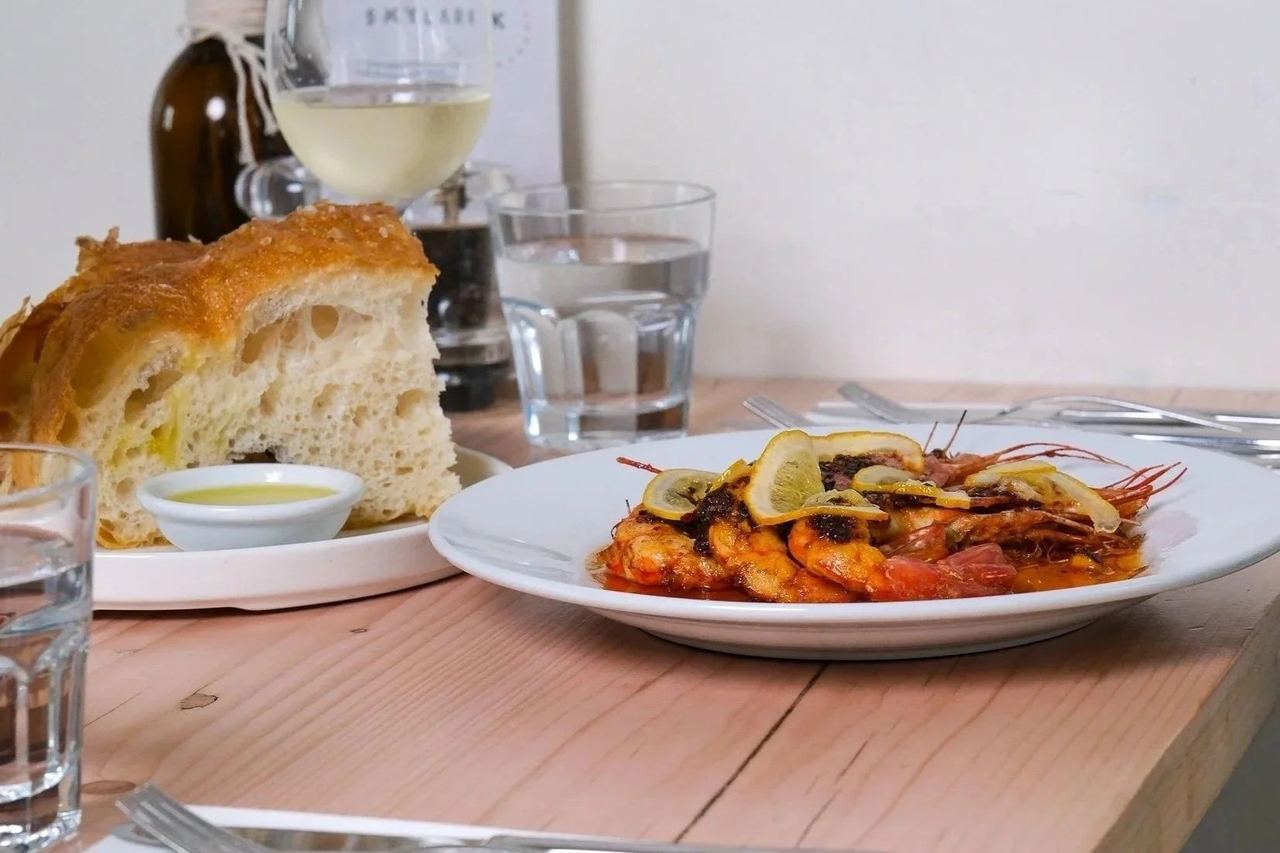 Prawns, focaccia and a glass of white wine at Skylark