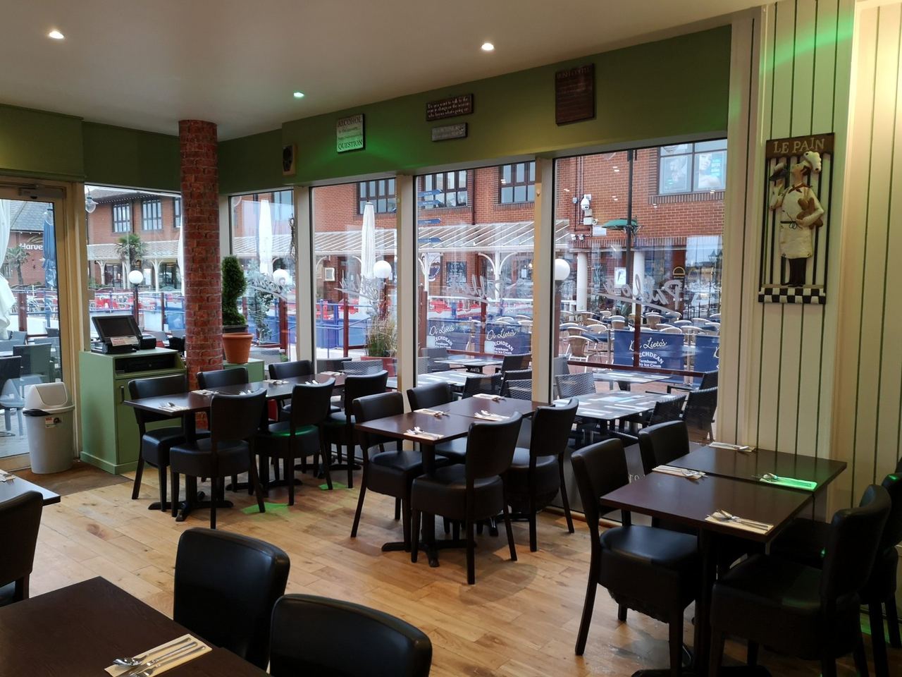 The dining room at Pablo’s, its glass front looking on to the Waterfront at Sovereign Harbour