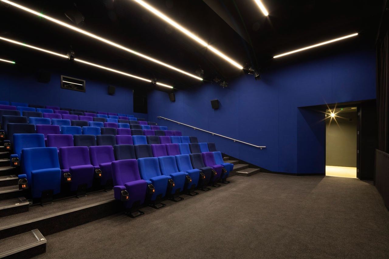 The auditorium of Towner Cinema, with blue and purple seats under strip lights